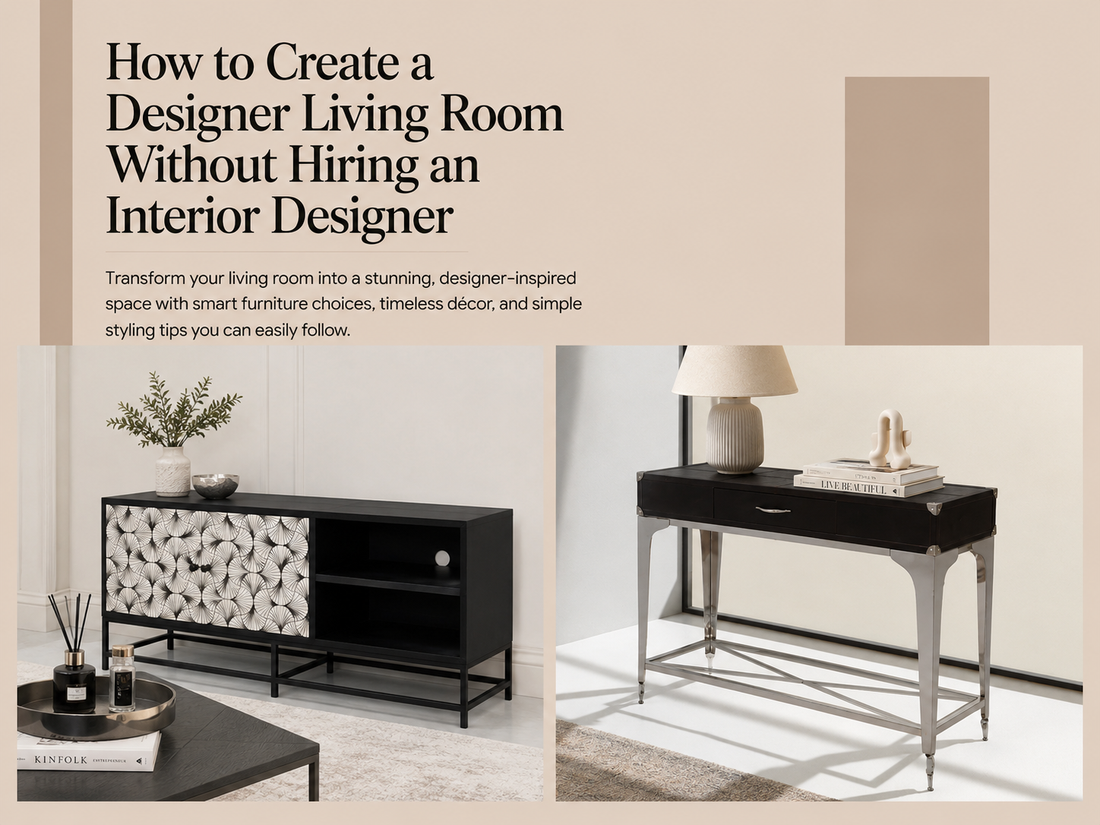 Luxury designer living room inspiration featuring stylish console furniture, elegant décor accessories, and modern interior styling tips for creating a professionally designed space without hiring an interior designer.