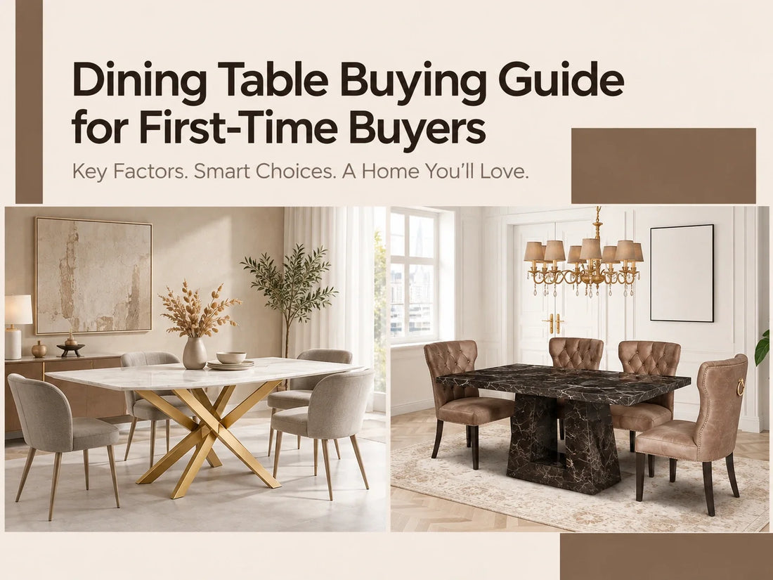 Dining table buying guide for first-time buyers featuring two elegant dining room setups with marble tables, upholstered chairs, and different interior styles.
