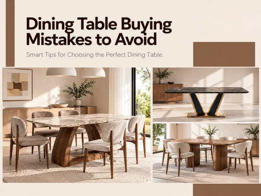 Dining table buying mistakes guide featuring modern marble and wooden dining tables, upholstered chairs, and stylish contemporary dining room interiors.