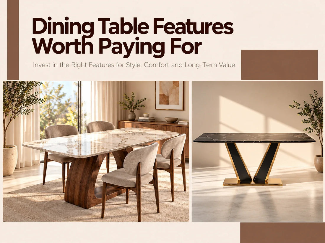 Dining table features worth paying for, showcasing a luxury marble dining table with a wooden base and a modern black marble table with a sculptural gold-accented base.