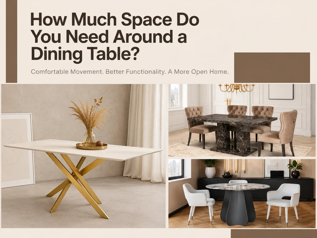 Dining table spacing guide showing three stylish dining table setups and the space needed around each table for comfortable movement and seating.