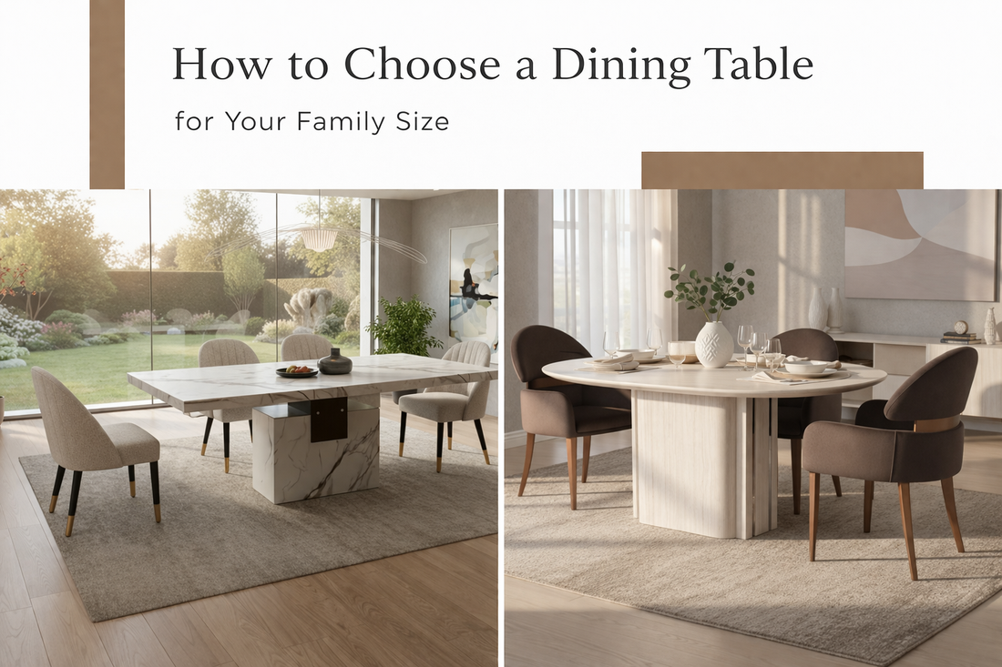 Modern dining table ideas for different family sizes featuring large marble dining table and compact round dining table in stylish home interiors