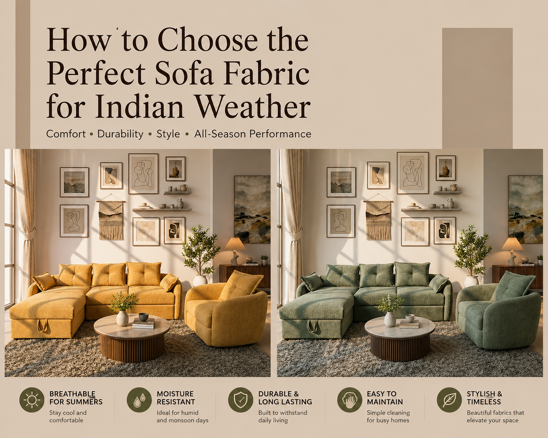 Luxury sofa with premium upholstery fabric in a modern living room, showcasing stylish and durable sofa materials suitable for Indian weather conditions.