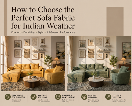 Luxury sofa with premium upholstery fabric in a modern living room, showcasing stylish and durable sofa materials suitable for Indian weather conditions.