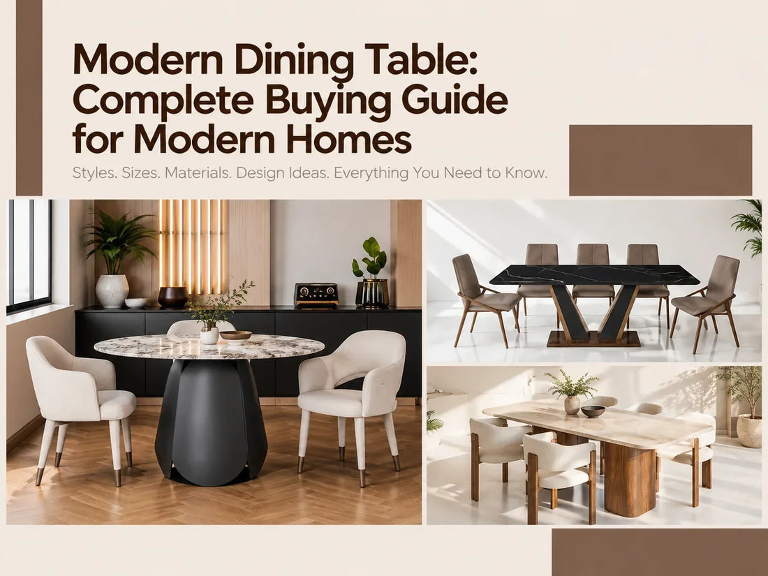 Modern dining table buying guide featuring contemporary round, rectangular, and marble dining tables in stylish modern home interiors.