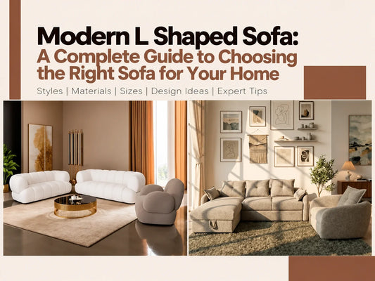 Modern L-shaped sofa buying guide featuring elegant white and beige sectional sofas in stylish contemporary living room interiors.