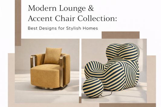 Modern lounge and accent chair collection featuring luxury beige chair and striped designer chair in a stylish minimalist interior
