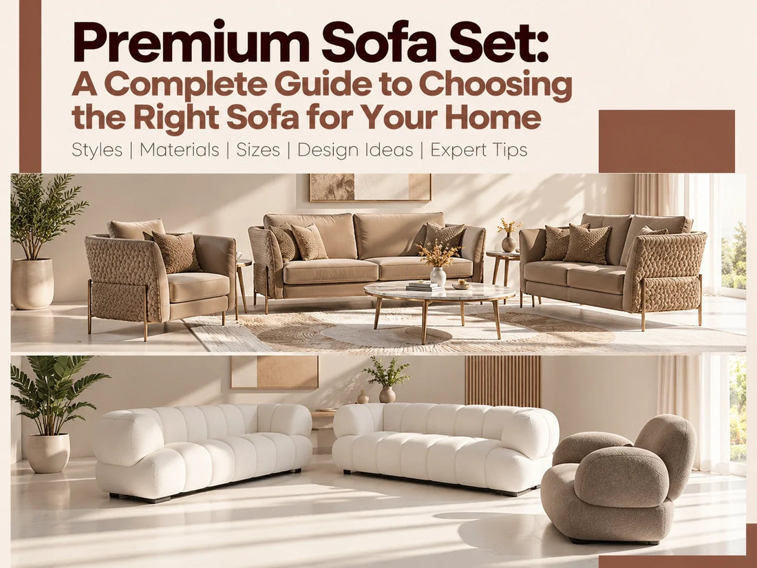 Premium sofa set buying guide featuring elegant beige and white luxury sofa sets in modern living room interiors with contemporary designs.
