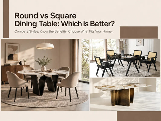 Round vs square dining table comparison showing different dining table shapes, designs, seating arrangements, and modern dining room interiors.
