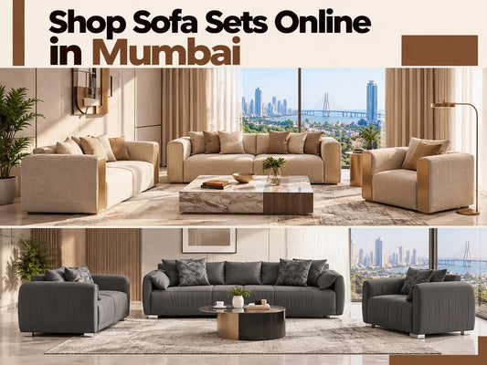 Shop sofa sets online in Mumbai featuring elegant cream and charcoal-grey sofa sets in modern luxury living rooms with stylish coffee tables, contemporary décor, and Mumbai skyline views.