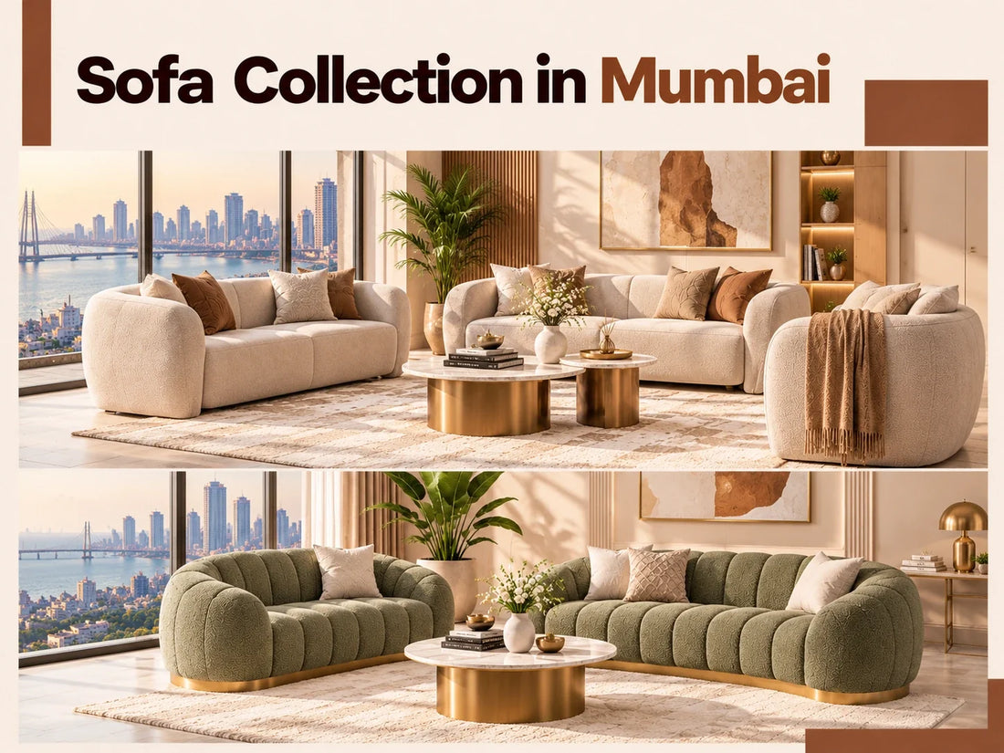 Sofa collection in Mumbai featuring luxurious cream and olive-green sofas in modern living rooms with elegant gold accents, stylish coffee tables, contemporary décor, and Mumbai skyline views.