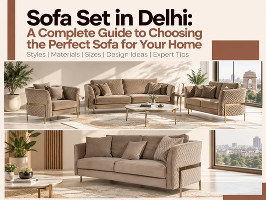 Sofa set in Delhi featuring elegant beige and taupe sofas with quilted upholstery, gold accents, and modern living room décor, showcasing stylish furniture for contemporary homes.