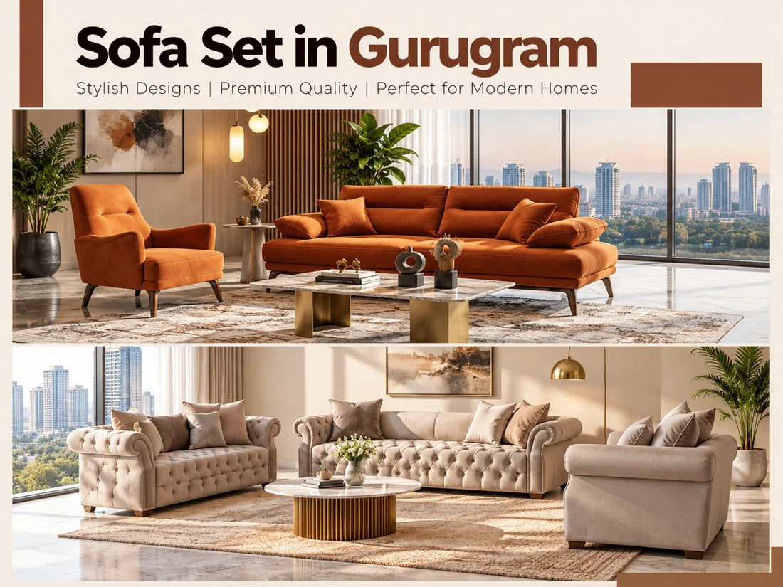 Sofa set in Gurugram featuring stylish rust-orange and beige sofa sets in modern luxury living rooms with elegant coffee tables, gold accents, and contemporary décor.