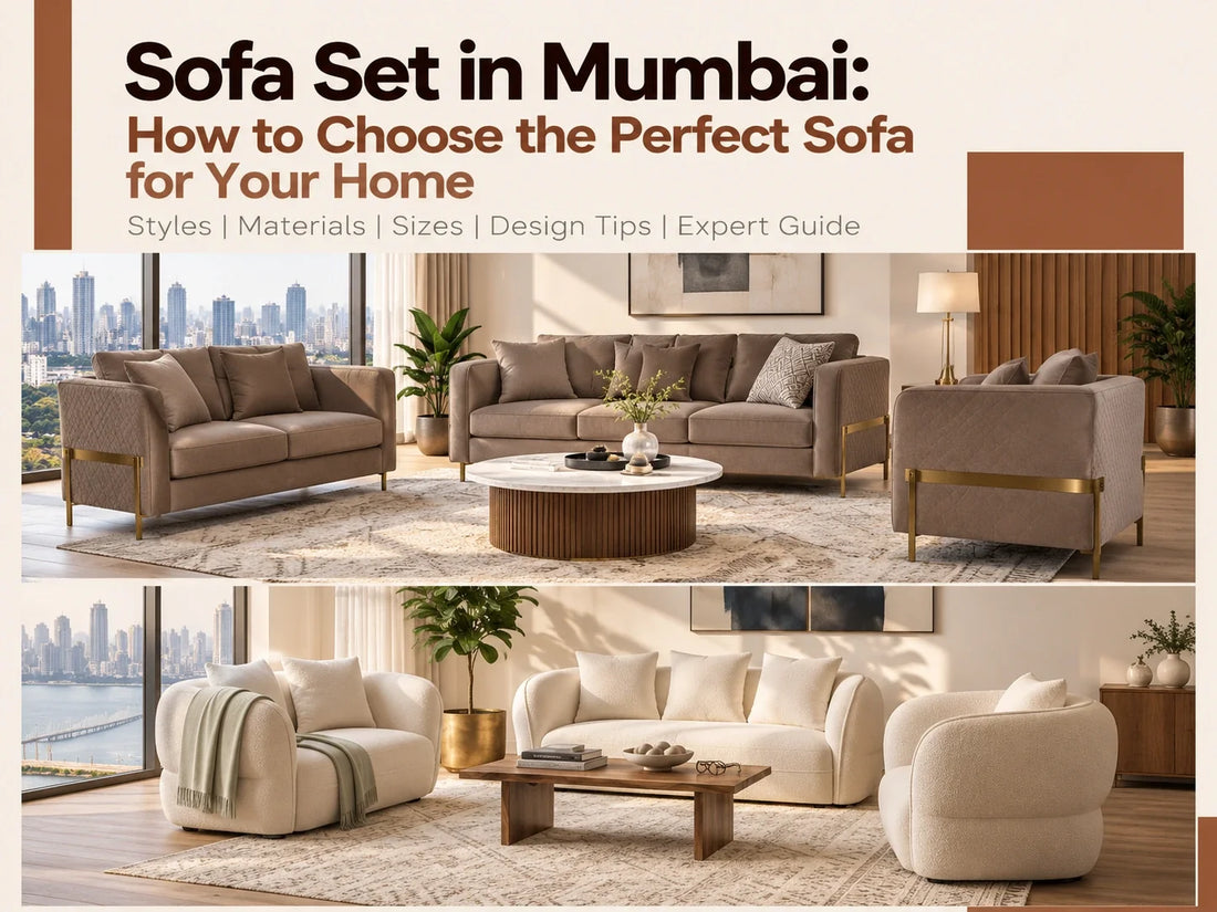 Sofa set in Mumbai featuring elegant brown and cream sofa sets in modern luxury living rooms, with stylish coffee tables, contemporary décor, and panoramic city views.