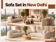 Sofa set in New Delhi featuring elegant cream and beige sofas in luxurious modern living rooms with contemporary décor, rounded coffee tables, gold accents, and stylish interiors.