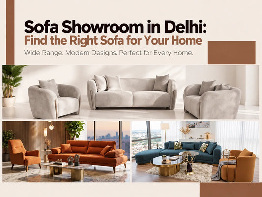 Sofa showroom in Delhi featuring white, orange, and blue sofa sets in stylish modern living room interiors, showcasing different designs for contemporary homes.