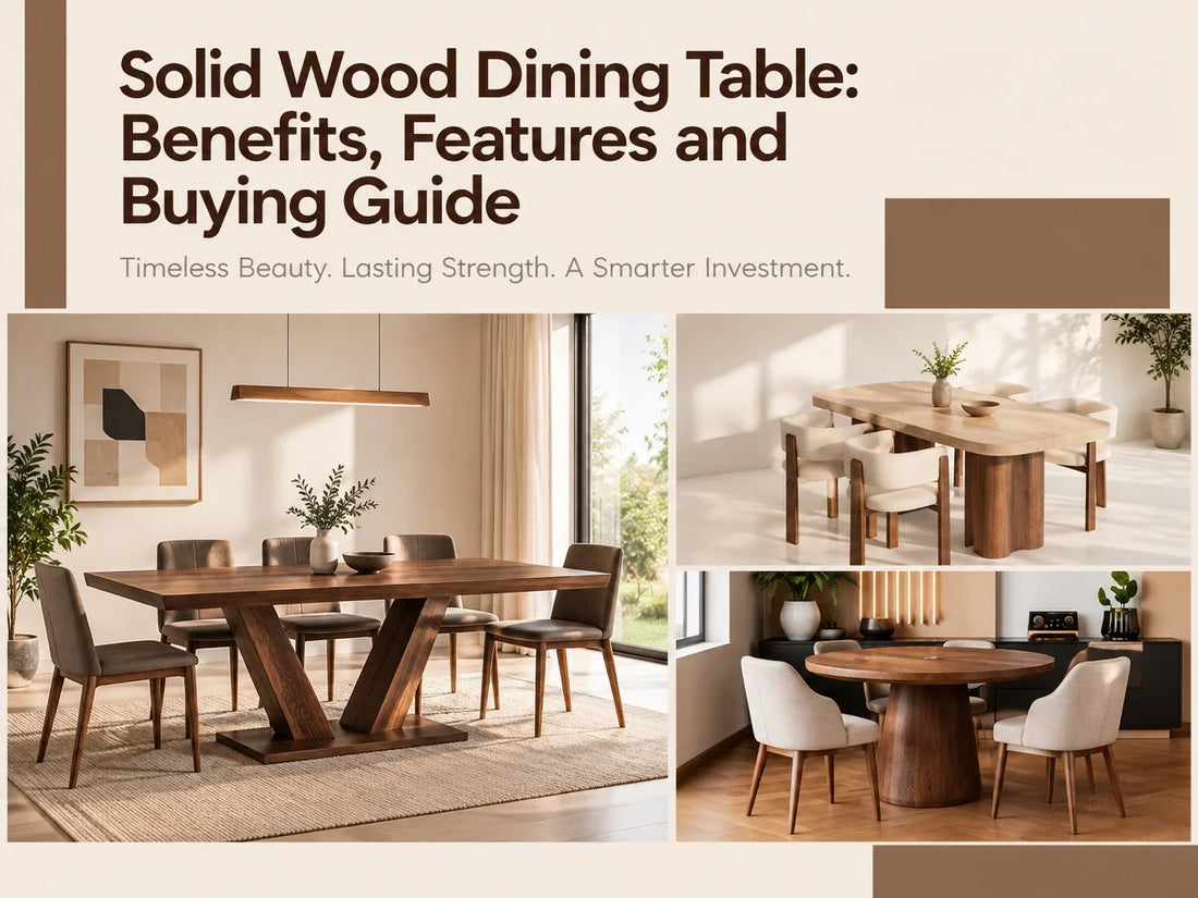 Solid wood dining table buying guide featuring modern wooden dining tables in different shapes, designs, and dining room settings.