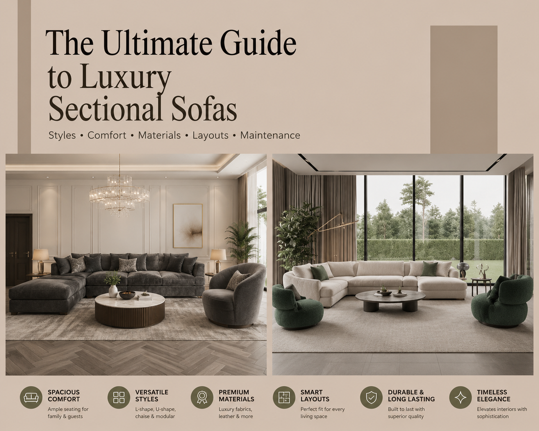 Luxury sectional sofa in a sophisticated living room featuring premium upholstery, modern design, elegant décor, and comfortable seating arrangement.