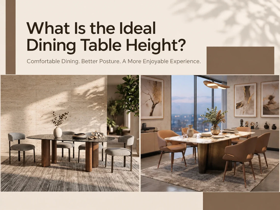 Ideal dining table height guide showing modern dining tables and chairs arranged in stylish interiors for comfortable seating and proper posture.