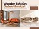 Wooden sofa set online in Mumbai featuring stylish orange and beige wooden sofa arrangements in modern living room interiors.