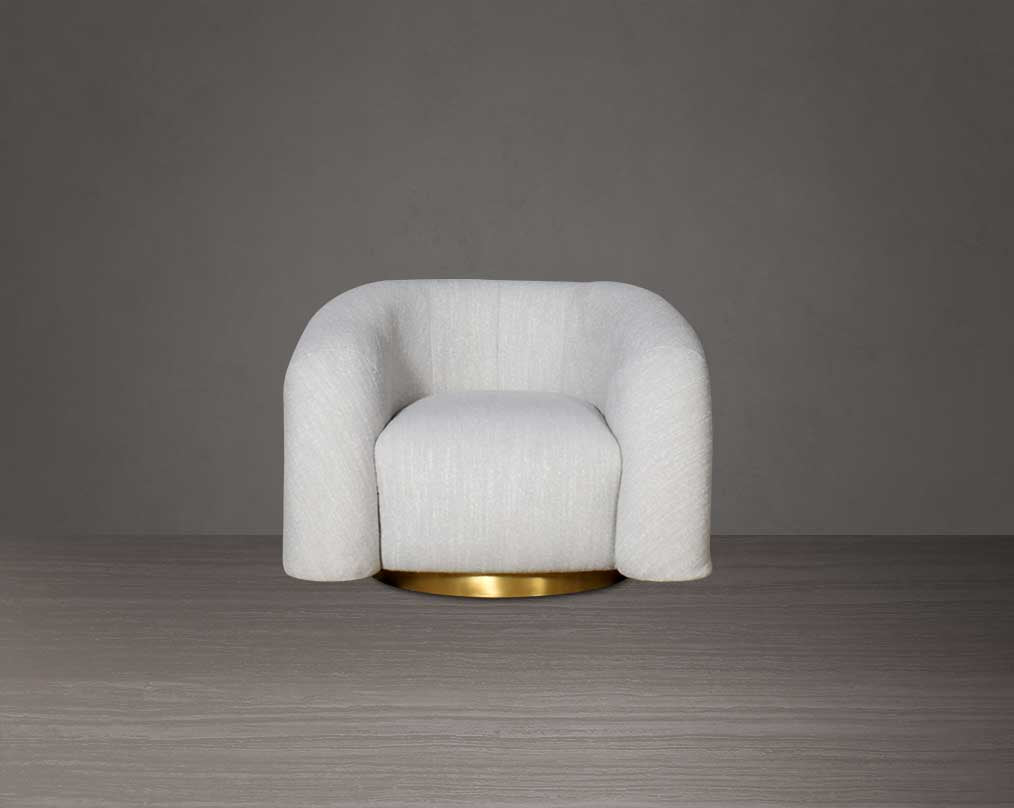 This modern chic 1 front sofa in soft form upholstered in high-quality fabric crafted like soft bun with puffy rounded/ tubular back & armrest with stainless steel velvet brushed gold base is a design