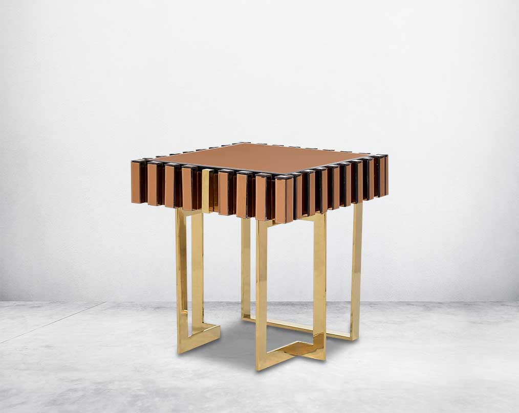 End table in gold mirror with gold plated stainless steel base side view 
