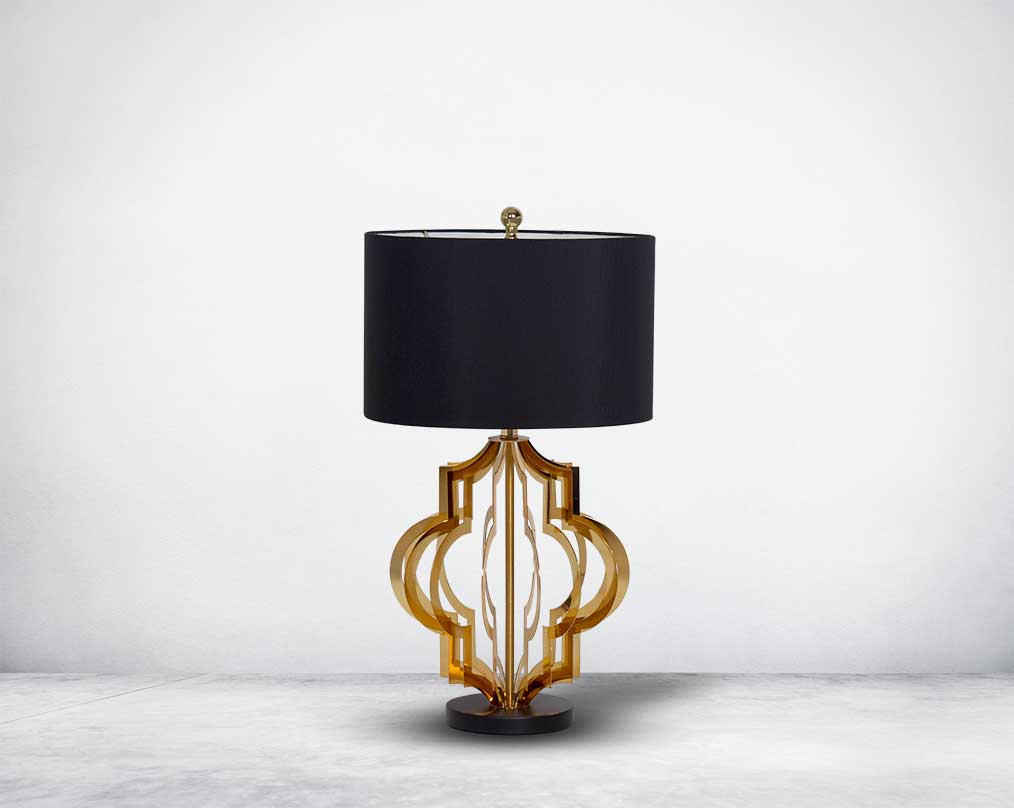 Table lamp in gold finish and marble base with front view  a black fabric shade in ultra modern design.