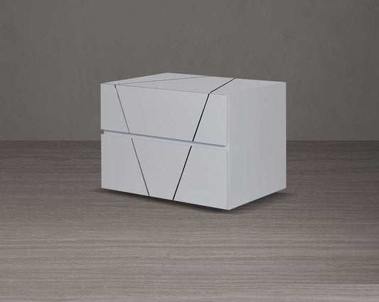The bedside table is crafted in white lacquered high gloss finish with two spacious drawers in sleek modern design side view
