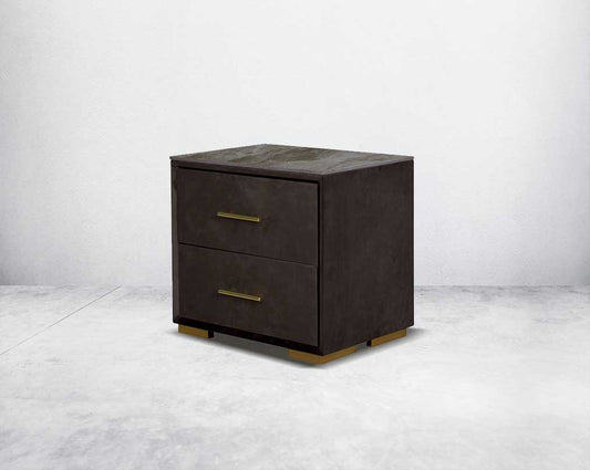 The bedside table comes with a fully upholstered and grey marble top with 2 drawers with matt gold base & handles in modern classic design.
