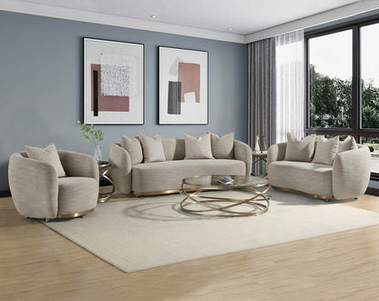 This 3+2+1 luxurious sofa set with a contemporary feel, it glams up with an extremely attractive look Upholstered in high-quality fabric, this modern sofa sits upon a gold-plated stainless steel metal base.