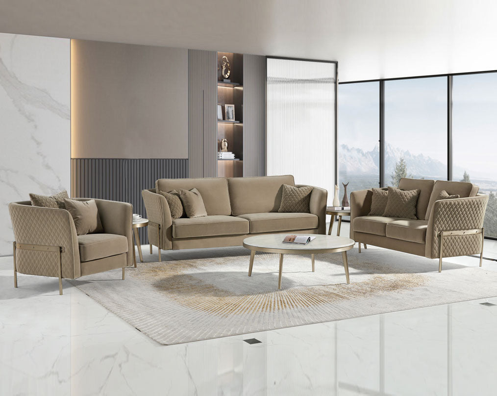 This 3+2 seater sofa set is an elegant statement piece with clean lines softened by subtle curves 6 cushions to compliment