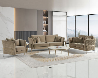 This 3+2 seater sofa set is an elegant statement piece with clean lines softened by subtle curves 6 cushions to compliment