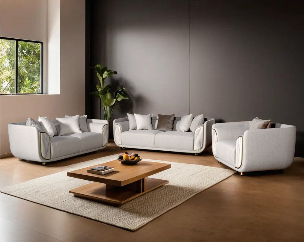 This 3+2+1 sofa set in high-quality fabric is an epitome of luxury, an astonishing piece of modern design.