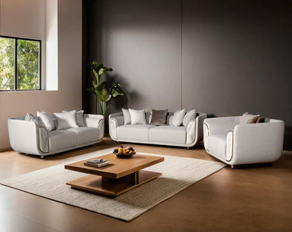 This 3+2+1 sofa set in high-quality fabric is an epitome of luxury, an astonishing piece of modern design.