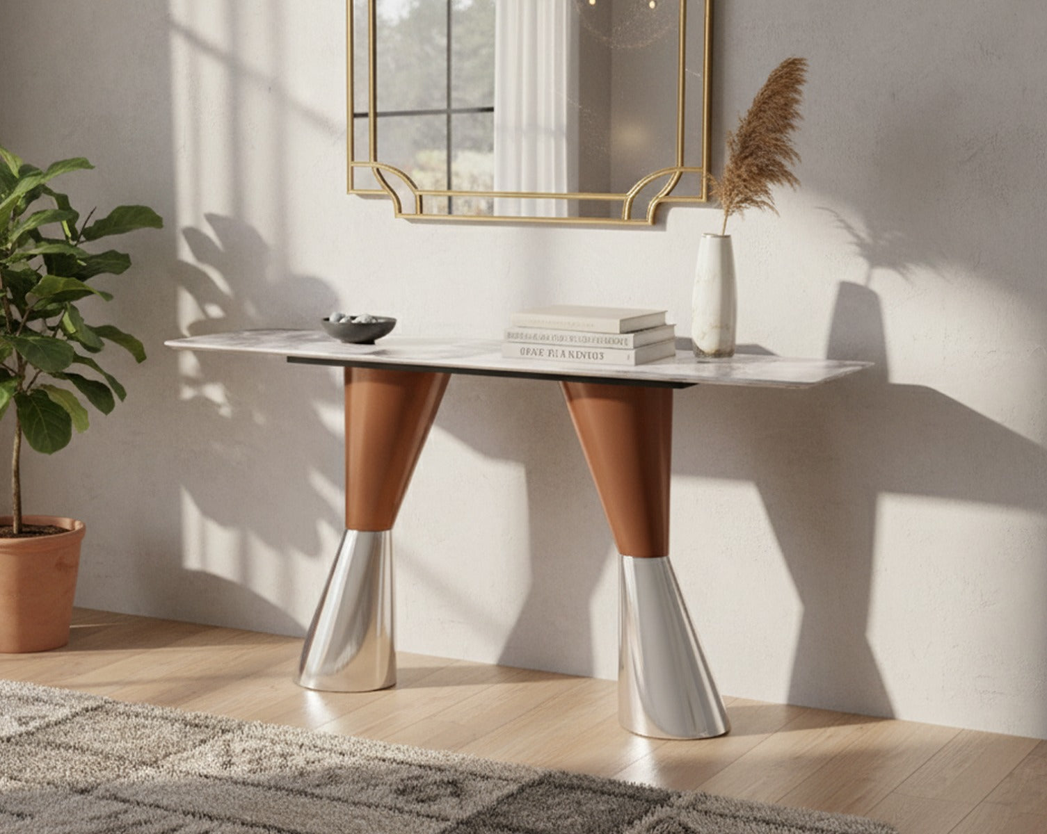 This console table features a sleek marble top comes with uniquely shaped legs in high-polished stainless steel with a brushed rose gold finish. A perfect accent piece for entryways or living rooms.