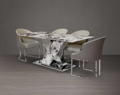 This stylish 6 & 8-seater rectangular dining table with a natural white marble top and a glistening stainless steel crisscross base. Its genuine marble top adds a refined touch to your décor, while its chrome base and stainless steel legs bring shimmering