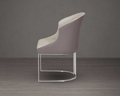 This dining chair stands resplendent with a rich contemporary look. It is crafted in faux leather upholstery and comes in two colours with glossy, silver-plated, stainless steel legs