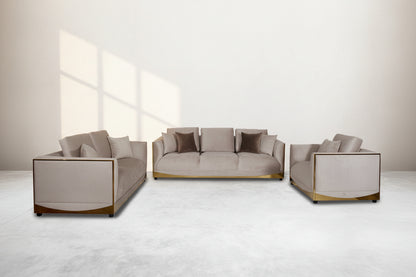 This 3+2+1 sofa set is an elegant statement piece with clean lines softened by subtle curves.