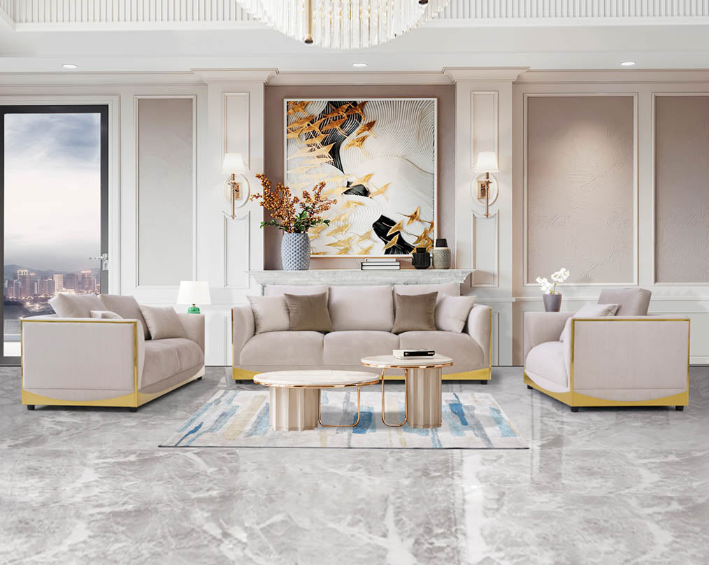 This 3+2+1 sofa set is an elegant statement piece with clean lines softened by subtle curves.