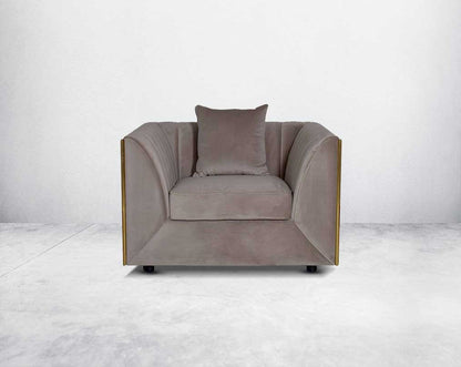 This gorgeous neo-classic 1  seater sofa set is upholstered in velvet fabric and comes with 1 beautiful cushions to compliment front  view