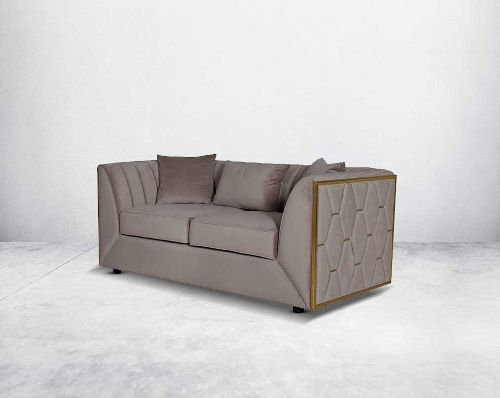 This gorgeous neo-classic 2  seater sofa set is upholstered in velvet fabric and comes with 3 beautiful cushions to compliment side view