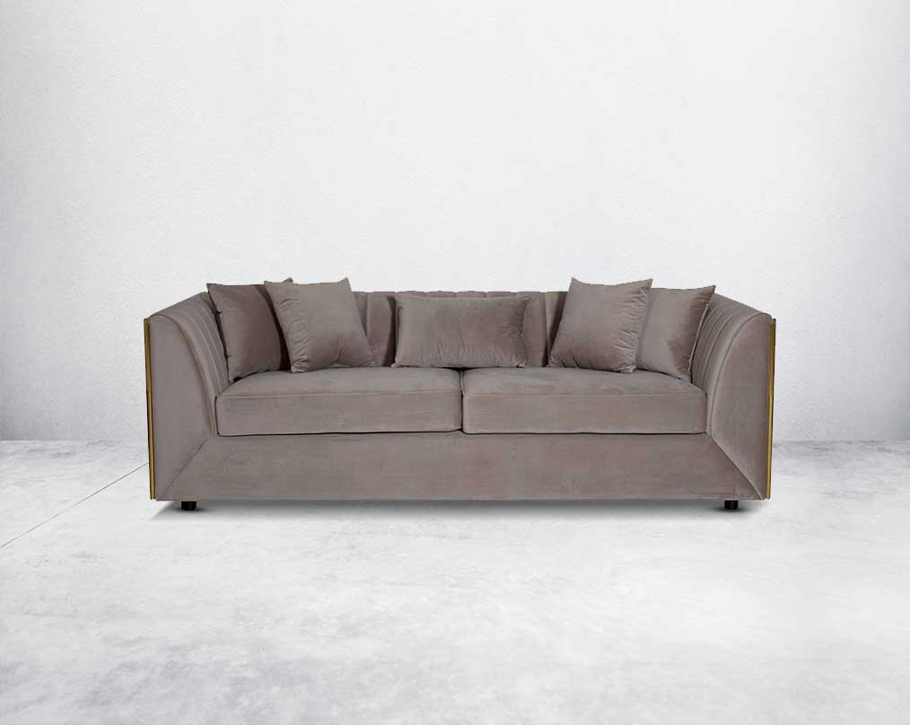 This gorgeous neo-classic 3+2+1 seater sofa set is upholstered in velvet fabric and comes with 4 beautiful cushions to compliment front view