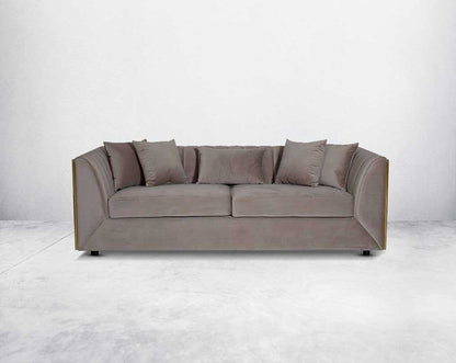 This gorgeous neo-classic 3+2+1 seater sofa set is upholstered in velvet fabric and comes with 4 beautiful cushions to compliment front view