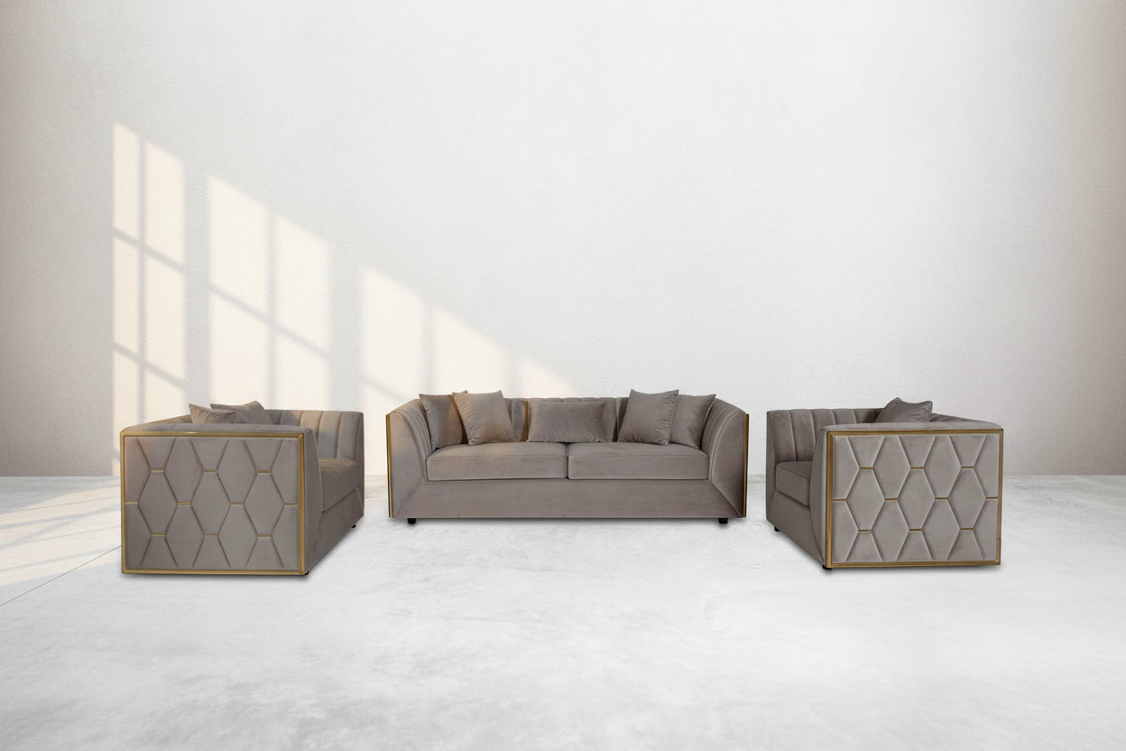 This gorgeous neo-classic 3+2+1 seater sofa set is upholstered in velvet fabric and comes with 8 beautiful cushions to compliment.