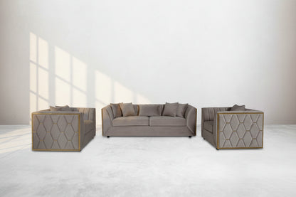 This gorgeous neo-classic 3+2+1 seater sofa set is upholstered in velvet fabric and comes with 8 beautiful cushions to compliment.