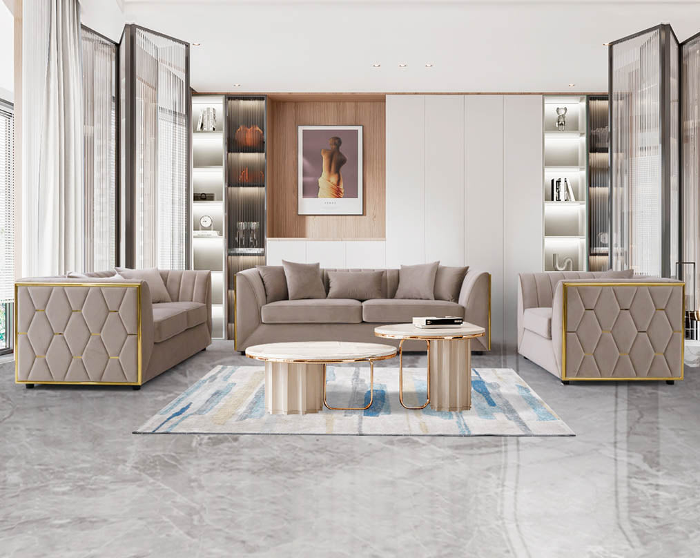 This gorgeous neo-classic 3+2+1 seater sofa set is upholstered in velvet fabric and comes with 8 beautiful cushions to compliment.