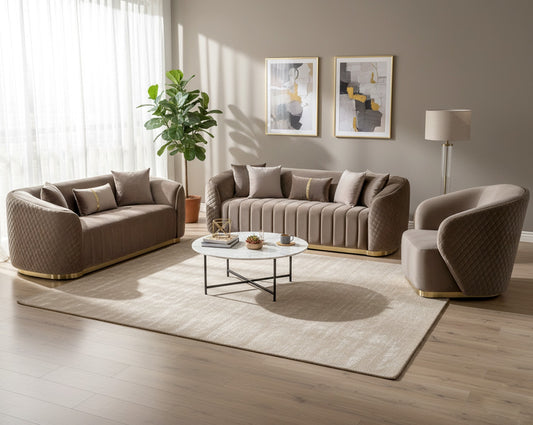 Agustín Fabric Sofa Set It has elegantly rounded armrests & and a soft seat cushion which comes in high-quality velvet fabric cushions to compliment.