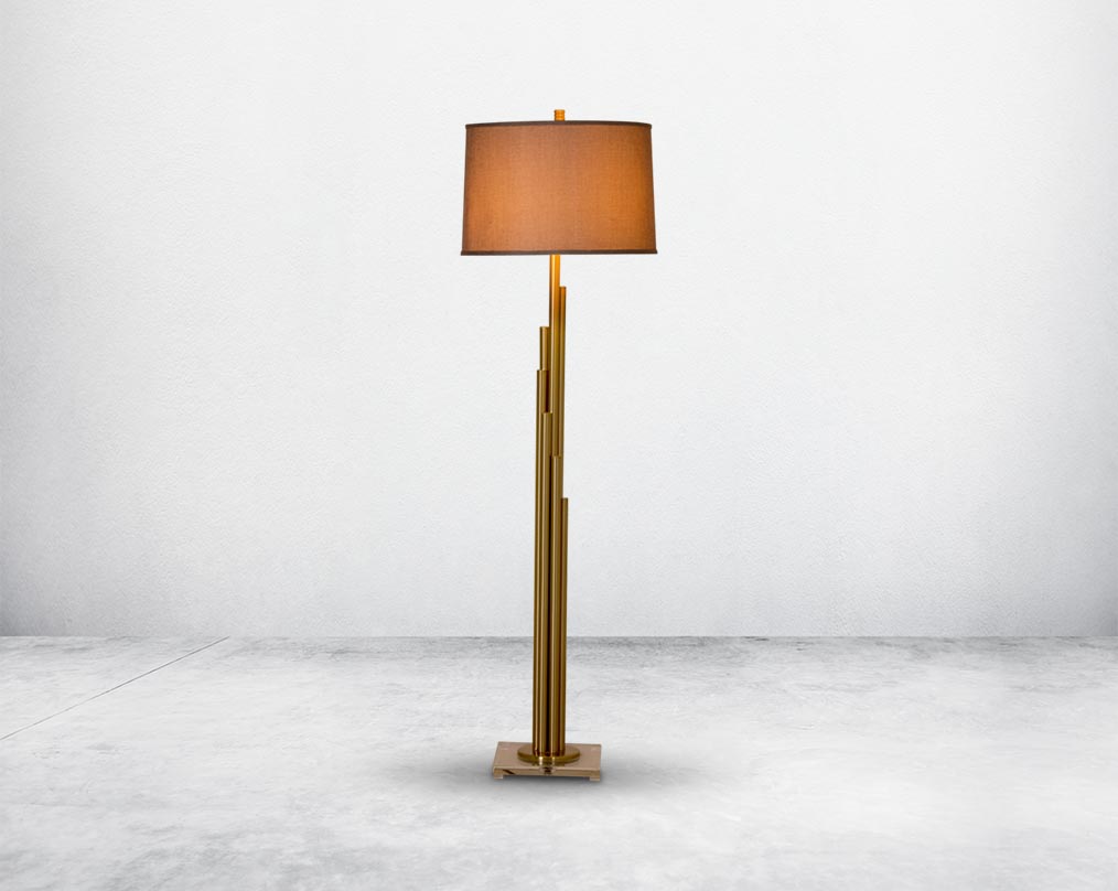 Floor lamp with coffee bronze metal stand and crystal base and translucent fabric shade