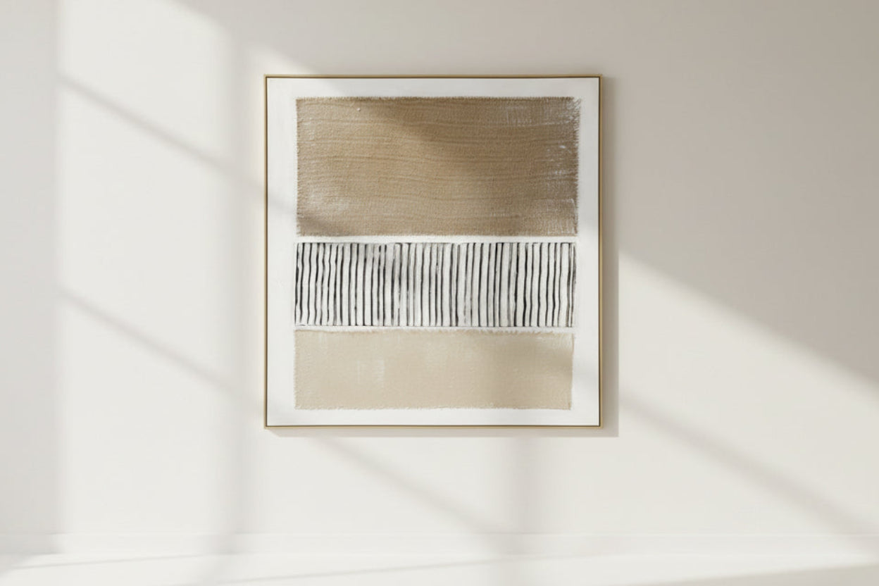 Abstract art print on a gray wall with a wooden shelf below featuring decorative items.