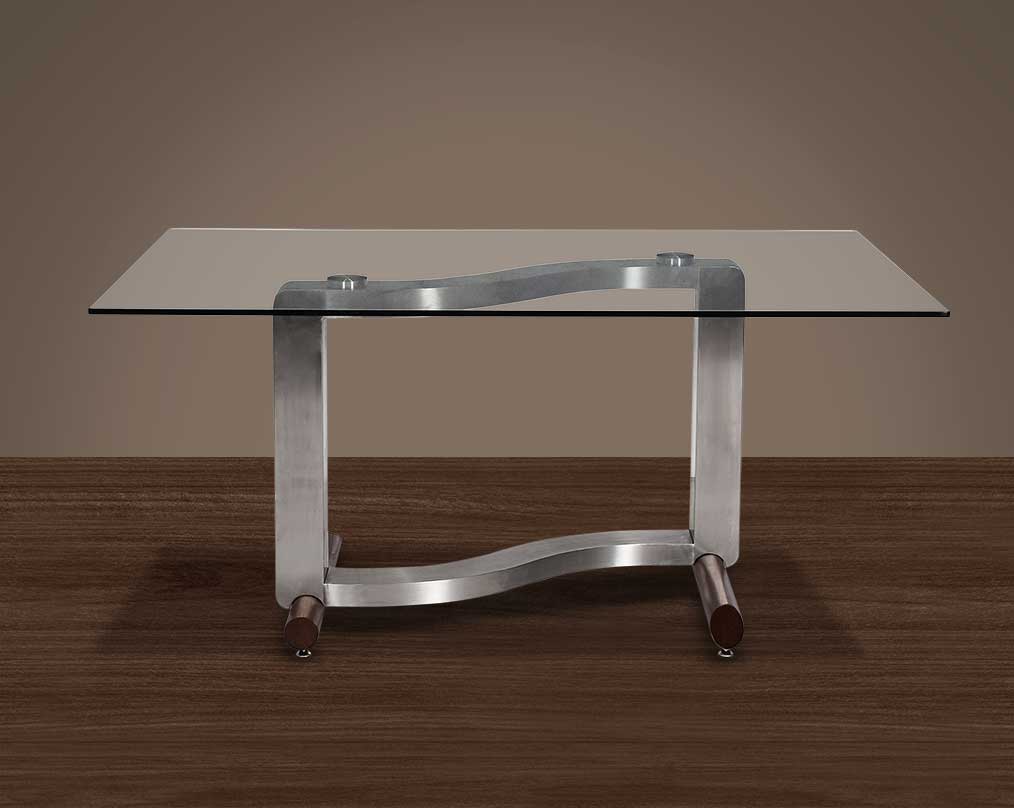 6 seater rectangle dining table with clear tempered glass top with brushed stainless steel and ash wood base